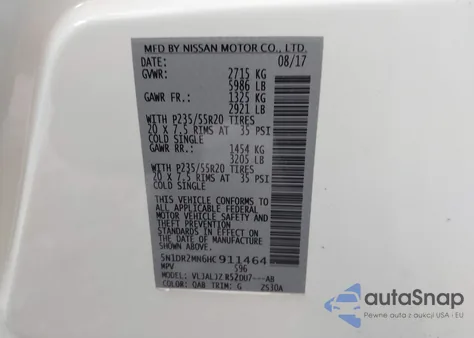 2017 Nissan Pathfinder Platinum from USA, damaged, VIN 5N1DR2MN6HC911464